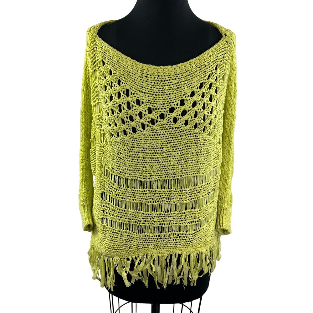 ALBERTO MAKALI Yellow Green Boat Neck 3/4 Sleeve Fringe Open Knit Sweater M